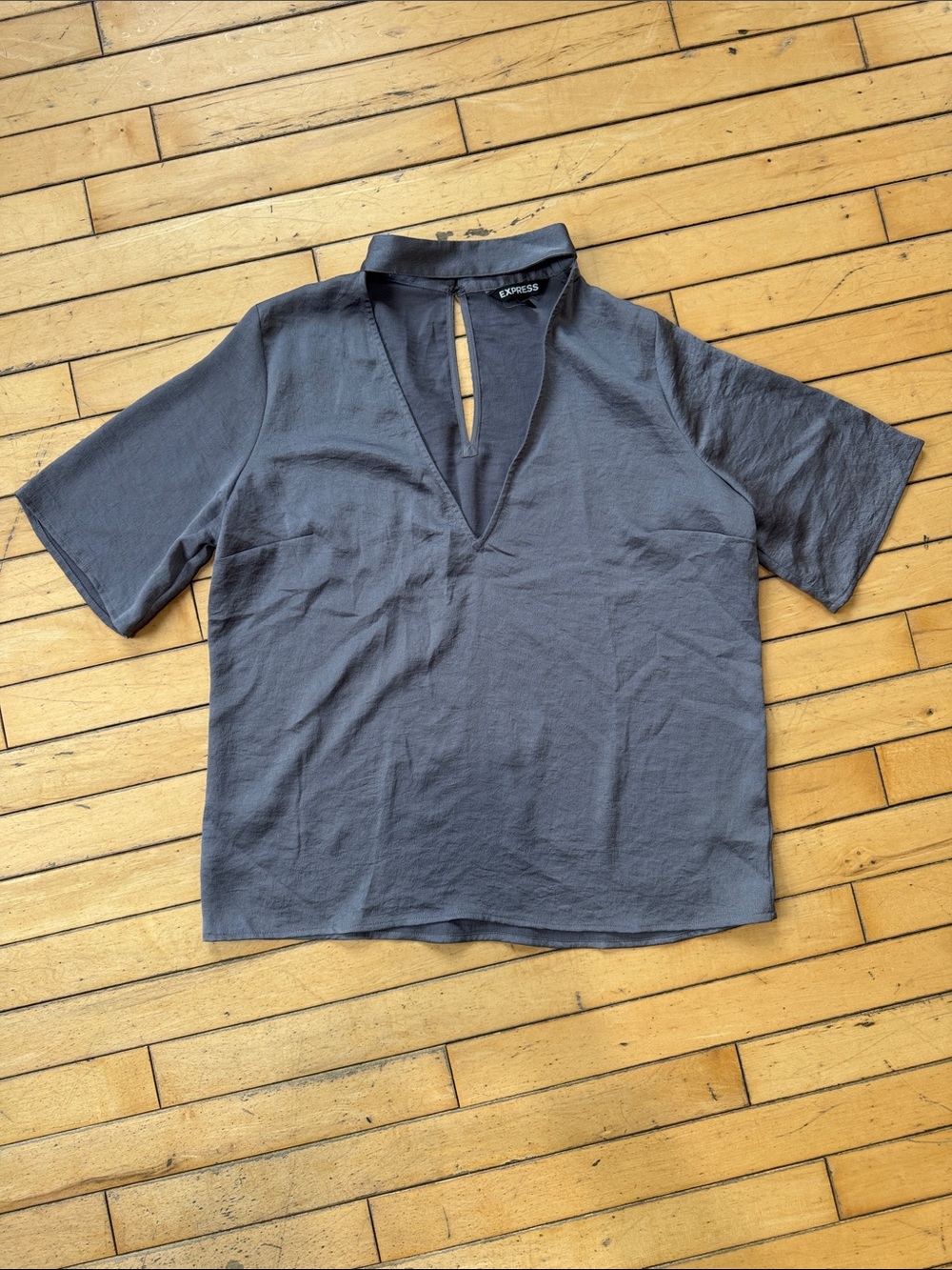 Express Charcoal V-Neck Banded Collar Top